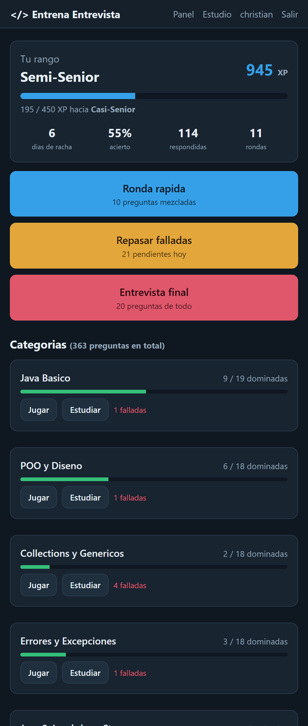 Panel con el rango, el XP y las categorías
